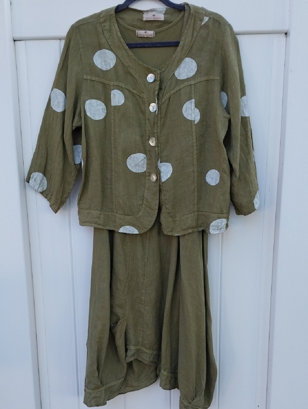 Lands Downunder 2 Pcs Olive Green Polka Dot Button Jacket and Dress Set XL Linen